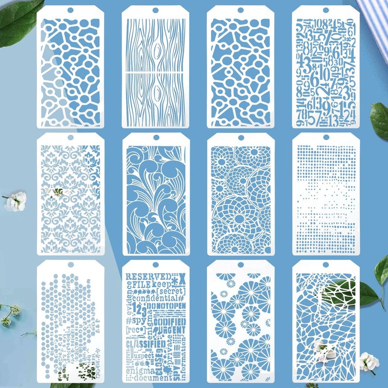 Resflyar 12 PCS 9.5 x 4.8 Inch Texture Stencils, Wood Grain Honeycomb Templates for Crafts, Numbers Flowers Stencils Set for Rock Wood Canvas Painting Furniture Card Tile Home DIY Art Craft Decoration - Image 1